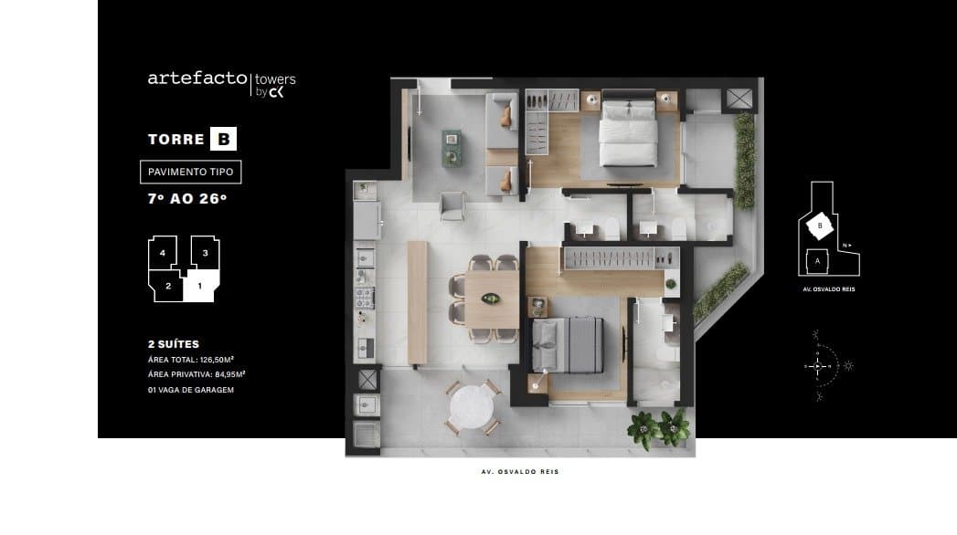 Apartamento de 2 quartos com 2 suítes e 90 m² em Praia Brava , Itajaí