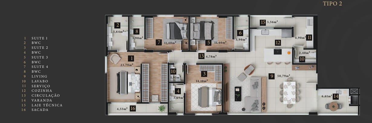 Apartamento de 4 quartos com 4 suítes e 177 m² em Bal. Camboriú
