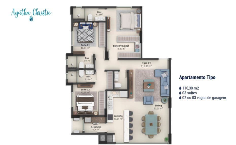 Apartamento de 3 quartos com 3 suítes e 117 m² em Bal. Camboriú
