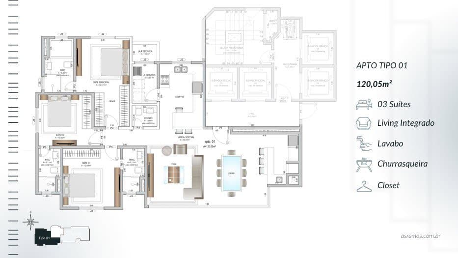 Apartamento de 3 quartos com 3 suítes e 120 m² em Bal. Camboriú